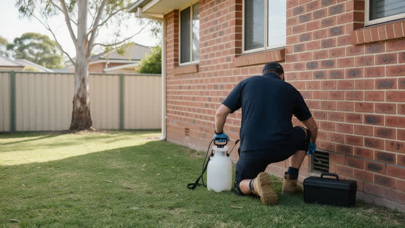 A pest control technician kneeling at the subfloor vent of a red brick house, a backpack sprayer on the lawn beside him
