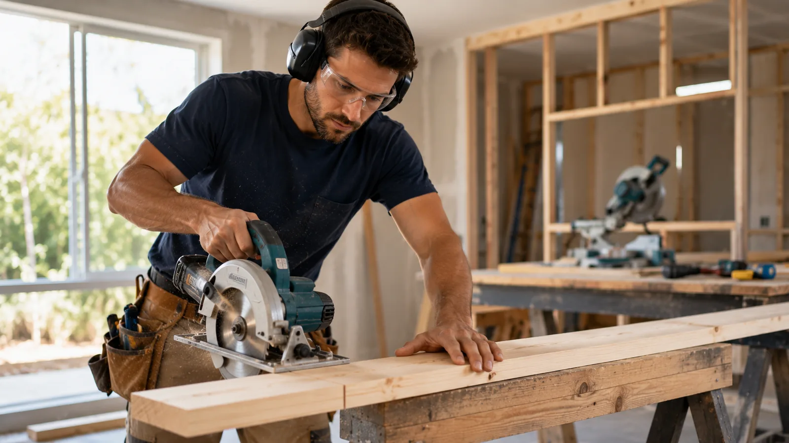 A carpenter cutting timber with a circular saw