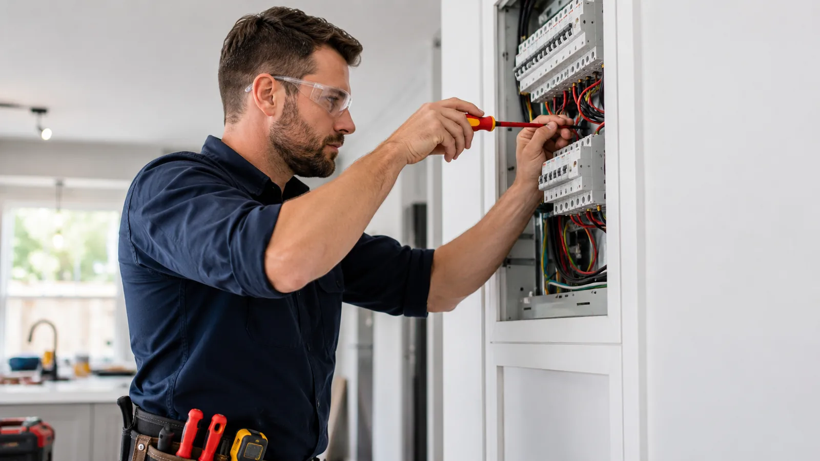 An electrician working at a switchboard