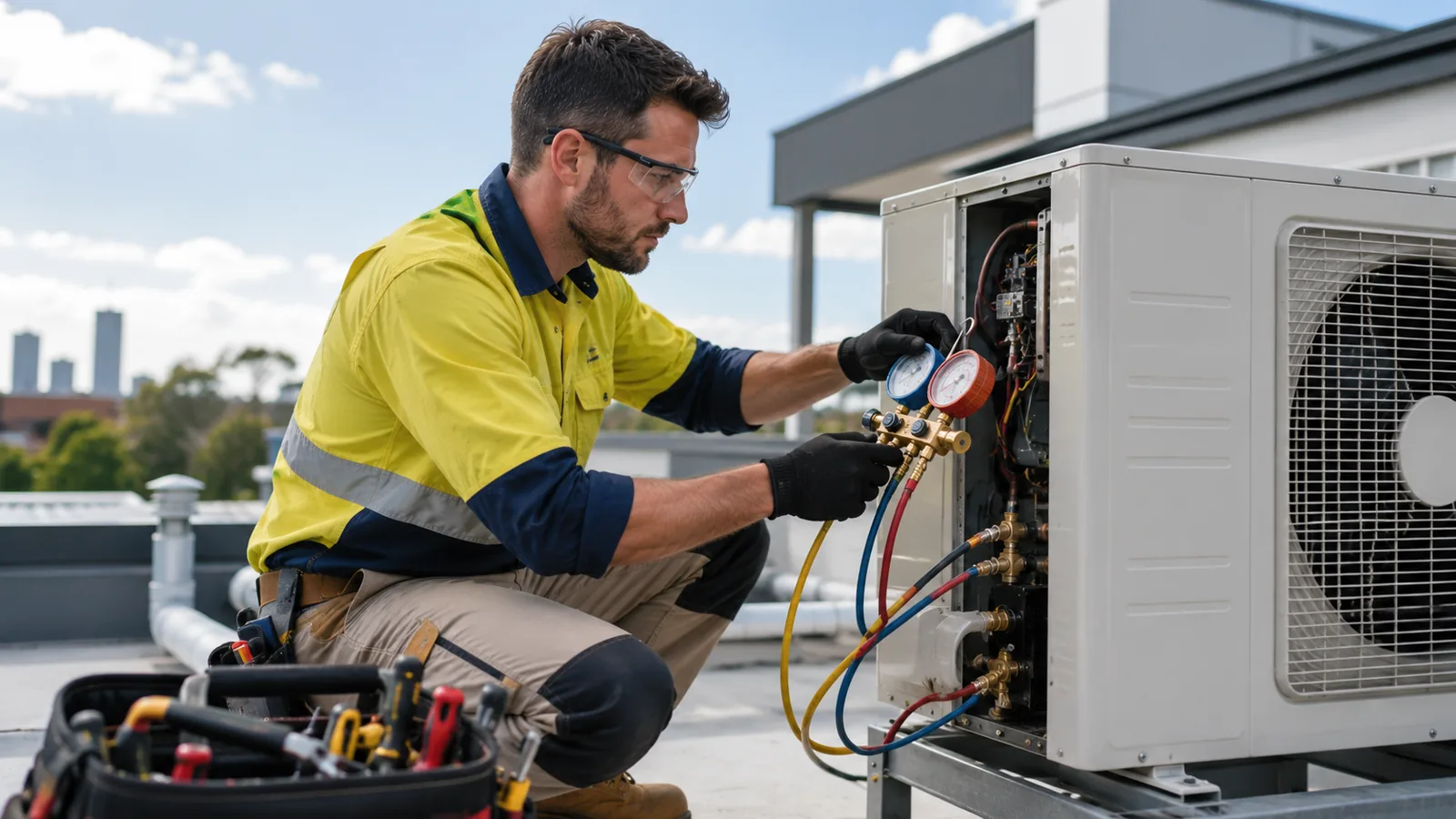 An air conditioning technician checking gauges on an outdoor unit