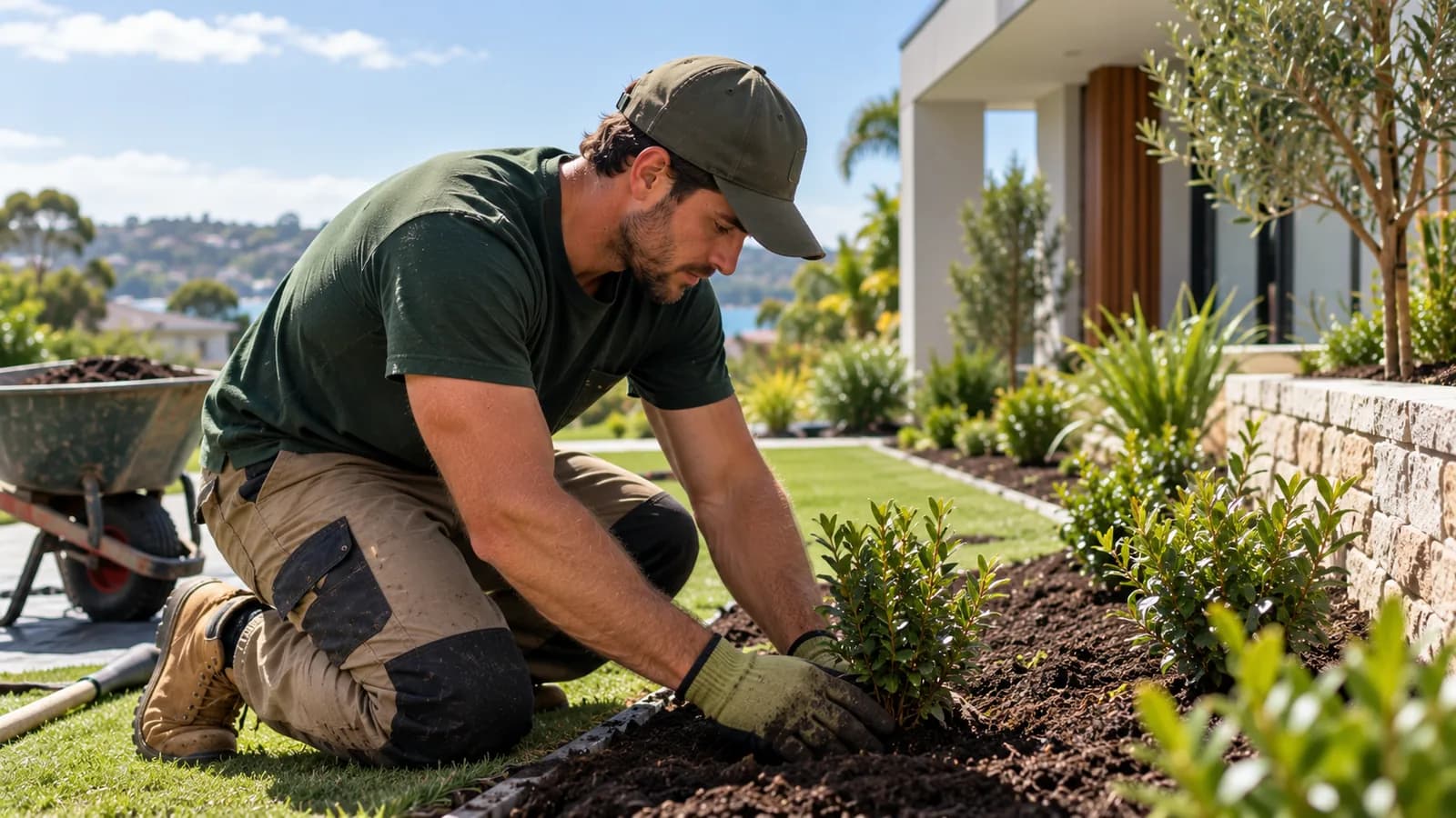 A landscaper planting a garden bed