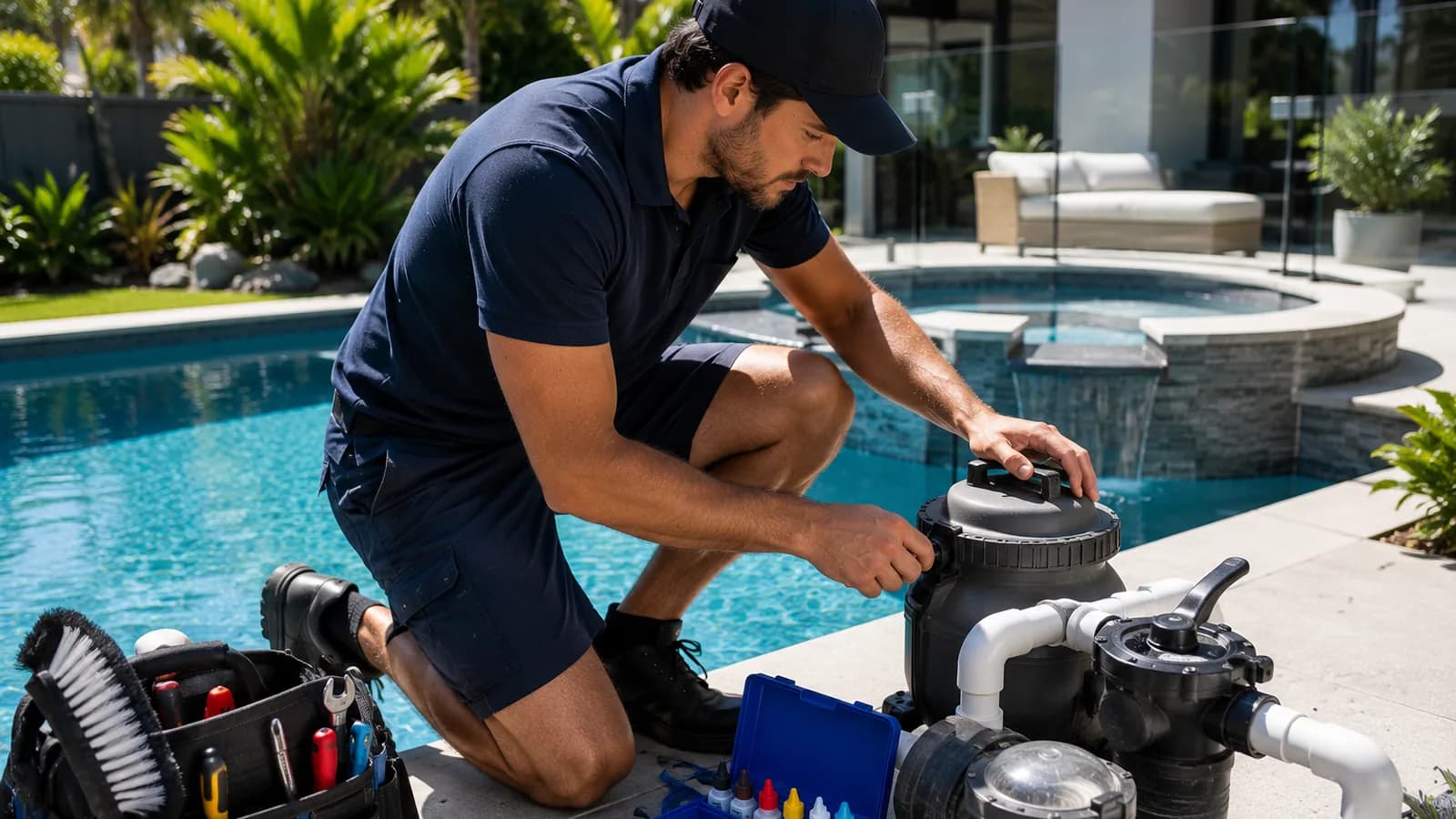 A pool technician working at the edge of a pool