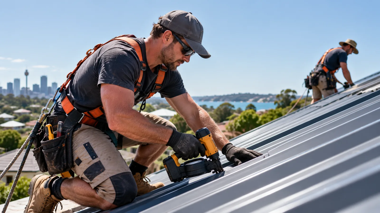 A roofer fixing roof sheets with a nail gun