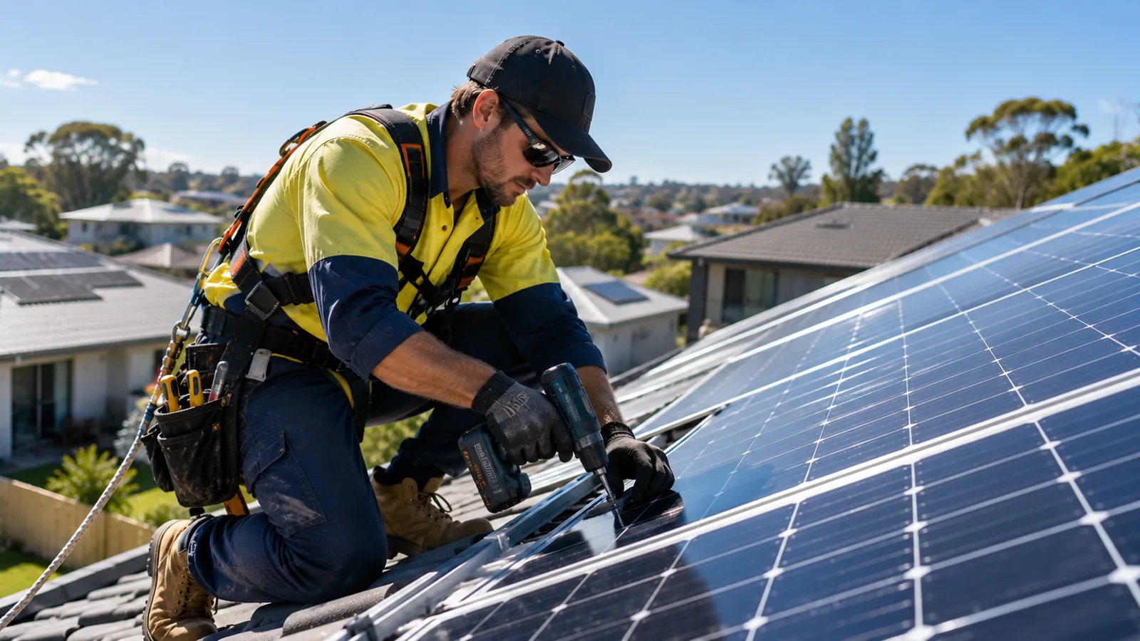 A solar installer fixing panels on a roof