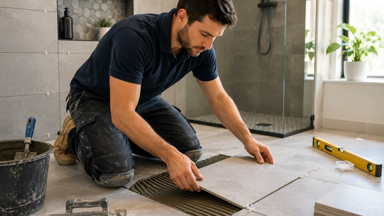A tiler laying floor tiles