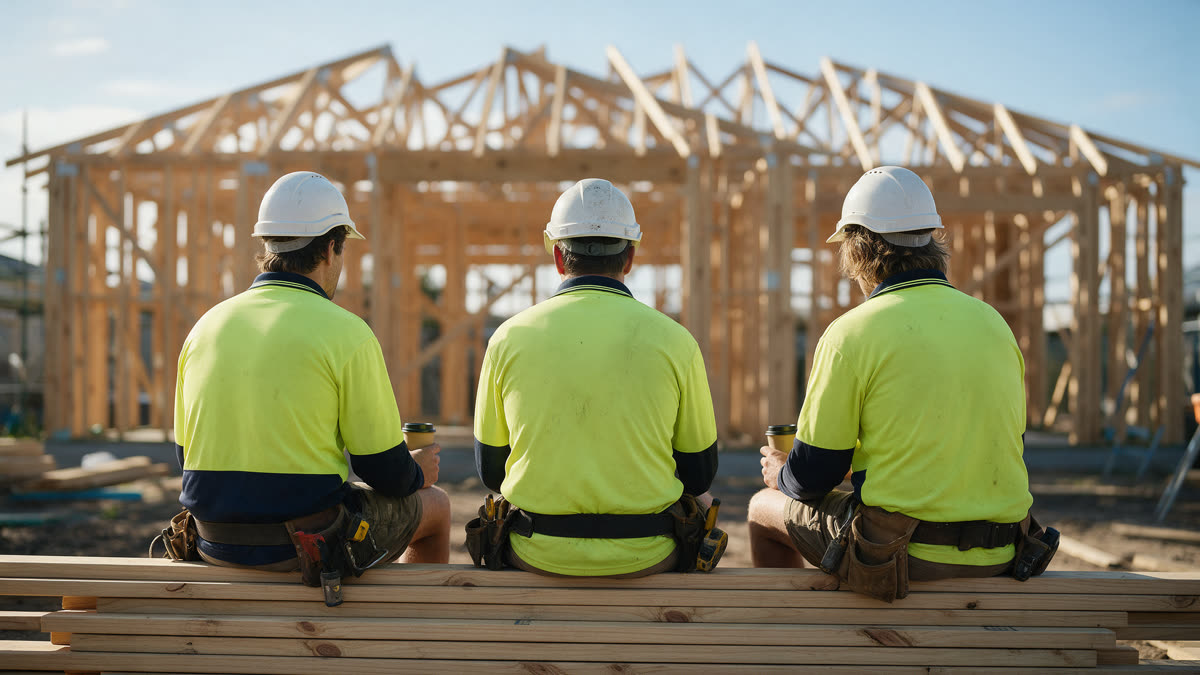 Three tradies on smoko, sitting on a timber stack in front of a house frame